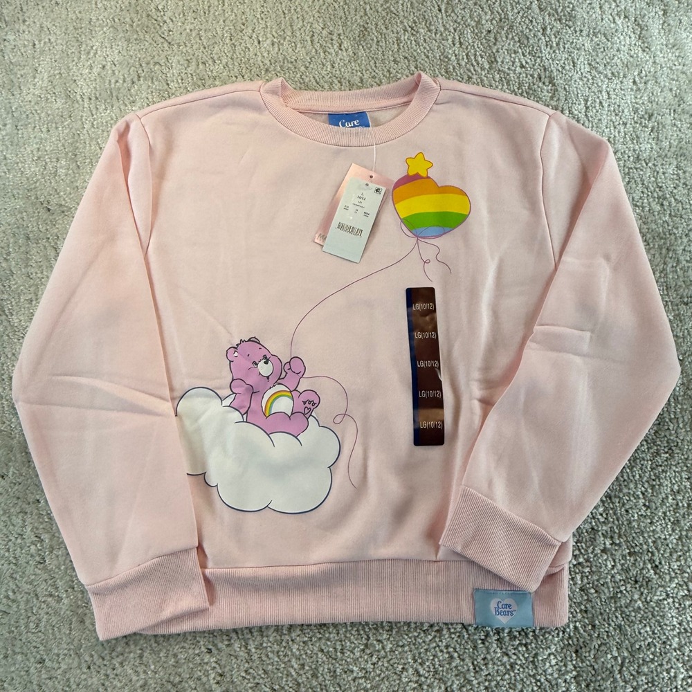 Care Bears Girls Pink Cheer Bear Rainbow Heart Sweatshirt Size L 10/12 NWT